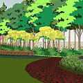Colorful Flowering Shrubs In Garden Landscape With Green Lawn And Red Path