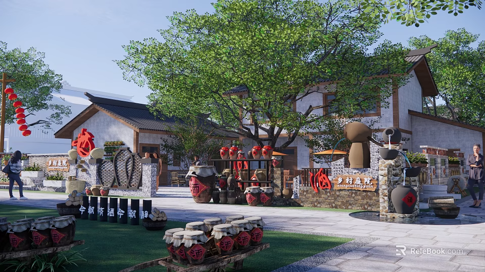 Traditional Homestay Building Courtyard with Green Trees Red Lanterns and Clay Pot Decorations 3d model 