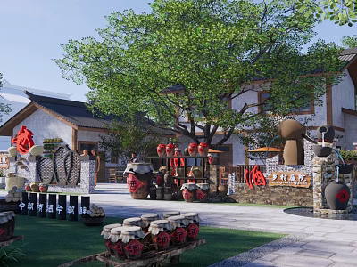 Traditional Homestay Building Courtyard with Green Trees Red Lanterns and Clay Pot Decorations 3d model