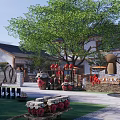 Traditional Homestay Building Courtyard with Green Trees Red Lanterns and Clay Pot Decorations