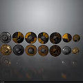 Multiple Decorative Shields With Intricate Patterns And Metallic Orange Black Accents