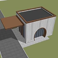 Modern Entrance Gate With Square Building Arched Window And Overhang Driveway Grass Lawn