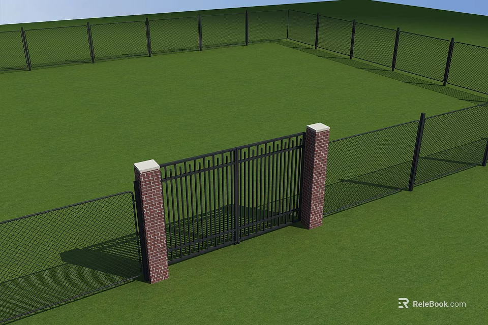 Outdoor Green Lawn Area With Black Fence And Red Brick Pillar Gate 3d model 