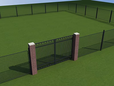 Outdoor Green Lawn Area With Black Fence And Red Brick Pillar Gate 3d model
