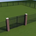 Outdoor Green Lawn Area With Black Fence And Red Brick Pillar Gate