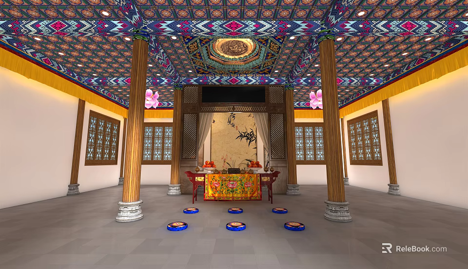 Religious Worship Hall Interior With Colorful Ceiling Wooden Columns And Altar Offerings 3d model 