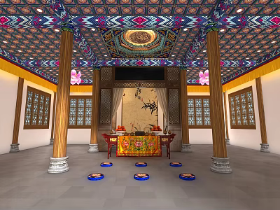 Religious Worship Hall Interior With Colorful Ceiling Wooden Columns And Altar Offerings 3d model