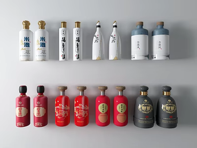 Wine Bottles With Various Designs And Colors Displayed In Two Rows 3d model