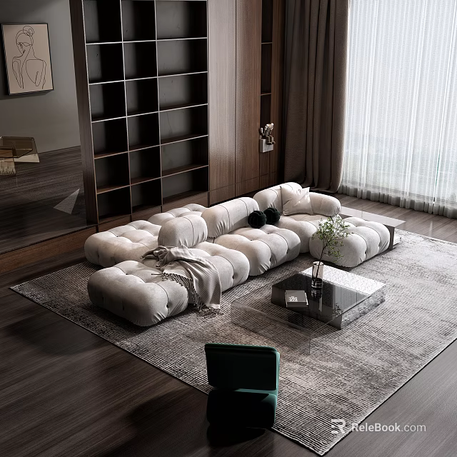 Modern Plush Sofa And Coffee Table Set With Area Rug And Wall Art Decor 3d model 