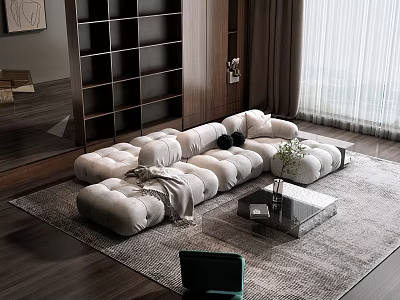 Modern Plush Sofa And Coffee Table Set With Area Rug And Wall Art Decor 3d model