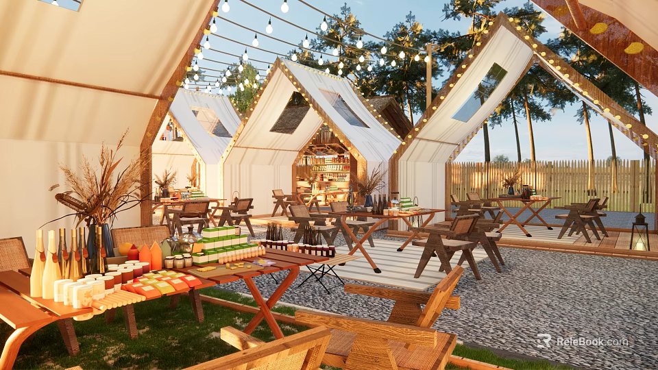 Outdoor Garden Landscape With Tent Like Canopies Wooden Tables Palm Trees And String Lights 3d model 