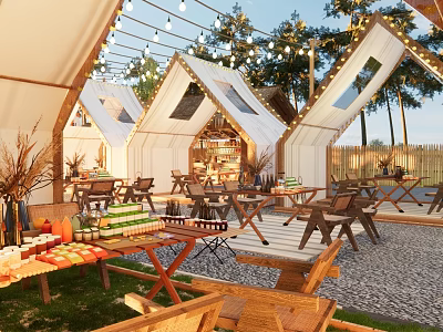 Outdoor Garden Landscape With Tent Like Canopies Wooden Tables Palm Trees And String Lights 3d model
