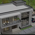 Modern Two Story Detached Villa with Large Windows Bright Lighting Parking Space and Greenery