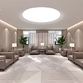 Modern Lounge Area Interior With Circular Ceiling Light Wooden Walls Sofas And Green Plants