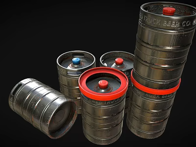 Stainless Steel Beer Kegs with Red Blue Lids and Black Beer Co Logo 3d model