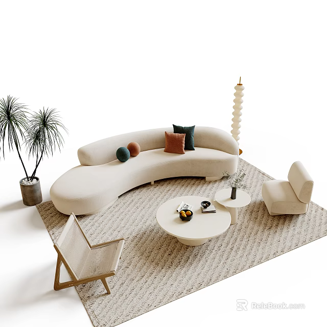 Stylish Beige Curved Sofa And Coffee Table Set With Decorative Pillows Rug And Accent Chairs 3d model 