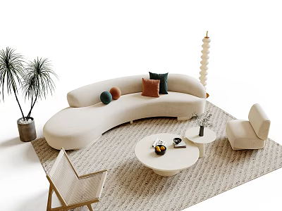 Stylish Beige Curved Sofa And Coffee Table Set With Decorative Pillows Rug And Accent Chairs 3d model
