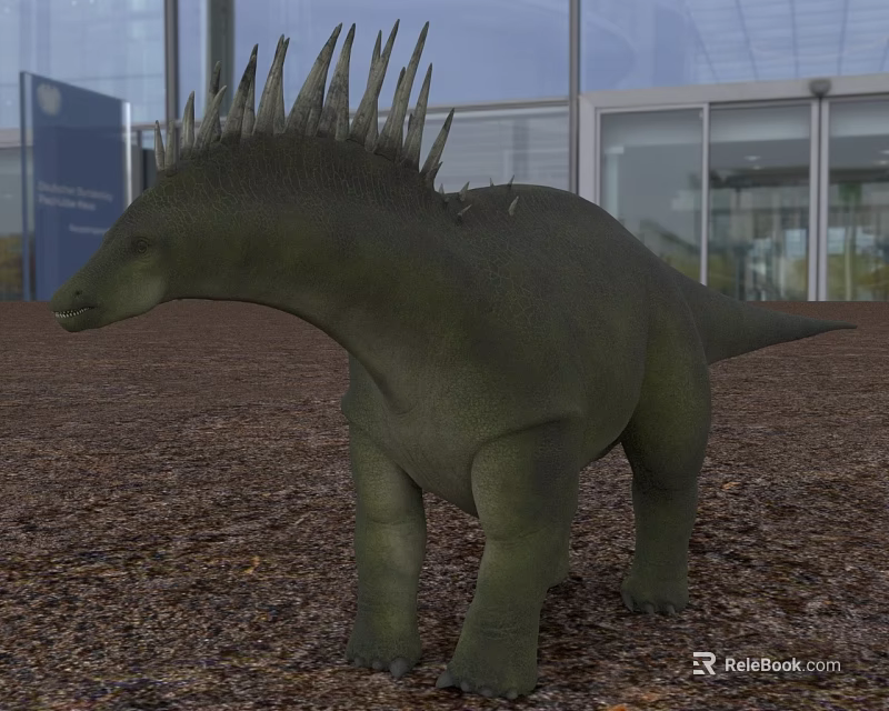 Green Dinosaur with Spiked Back Standing on Gravel Ground in Front of Glass Building Background 3d model 