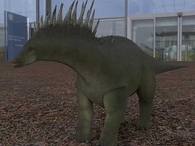 Green Dinosaur with Spiked Back Standing on Gravel Ground in Front of Glass Building Background 3d model
