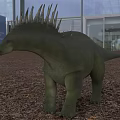 Green Dinosaur with Spiked Back Standing on Gravel Ground in Front of Glass Building Background