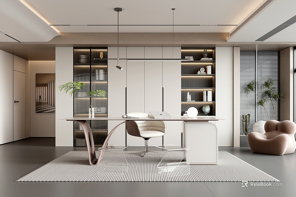 Modern Study Room Interior Design With Desk Chair Bookshelf Green Plant And Lighting 3d model 