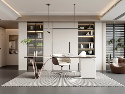 Modern Study Room Interior Design With Desk Chair Bookshelf Green Plant And Lighting 3d model