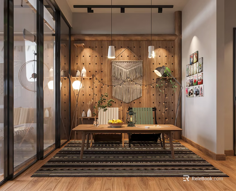 Public Office Space With Wooden Wall Hanging Lights Long Table Green Plants And Decorative Rug 3d model 