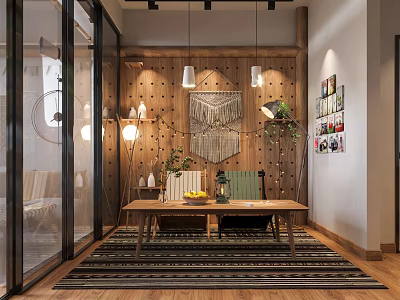 Public Office Space With Wooden Wall Hanging Lights Long Table Green Plants And Decorative Rug 3d model