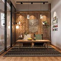 Public Office Space With Wooden Wall Hanging Lights Long Table Green Plants And Decorative Rug