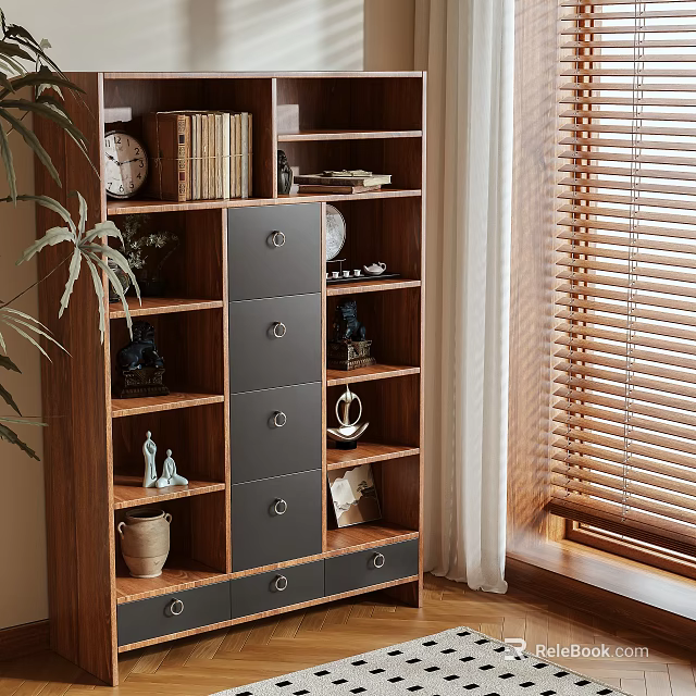 Wooden Etagere With Shelves And Drawers Displaying Books Clock Vase And Decorative Items 3d model 