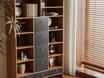 Wooden Etagere With Shelves And Drawers Displaying Books Clock Vase And Decorative Items 3d model