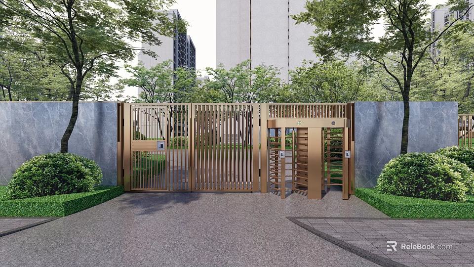 Modern Metal Entrance Gate With Lush Green Trees And Shrubs Surrounded By Tall Buildings 3d model 