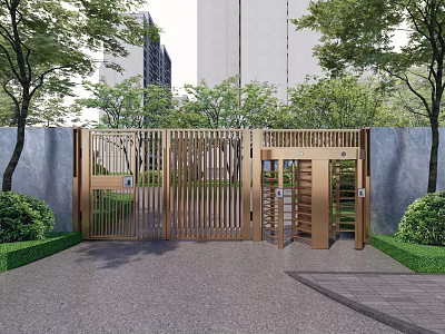 Modern Metal Entrance Gate With Lush Green Trees And Shrubs Surrounded By Tall Buildings 3d model