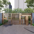 Modern Metal Entrance Gate With Lush Green Trees And Shrubs Surrounded By Tall Buildings