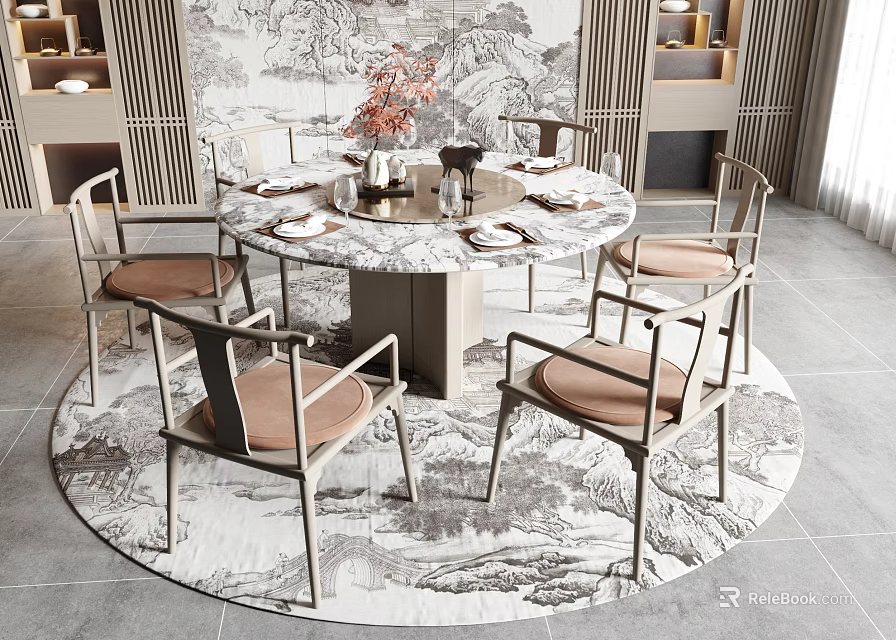 Elegant Round Marble Top Dining Table Set With Beige Chairs And Patterned Round Rug 3d model 