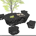 Natural Black Stone Tea Table Set With Central Tree And Surrounding Stone Seats 3d model