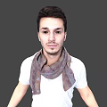 Man Standing in Grey Background Wearing White T-shirt Brown Scarf Blue Jeans and Brown Shoes