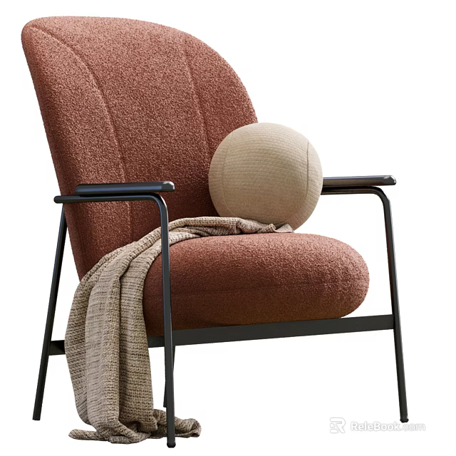 Brown Accent Chair With Black Metal Arms Beige Round Pillow And Knitted Throw Blanket 3d model 