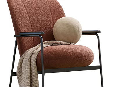 Brown Accent Chair With Black Metal Arms Beige Round Pillow And Knitted Throw Blanket 3d model