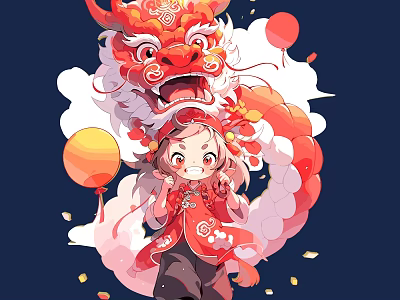 Cute Girl In Traditional Outfit With Lion Dance Headgear And Festive Balloons Petals 3d model