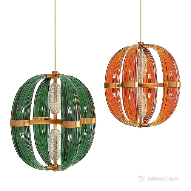 Modern Green and Orange Glass Chandeliers With Gold Frame for Interior Design 3d model 