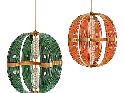Modern Green and Orange Glass Chandeliers With Gold Frame for Interior Design 3d model