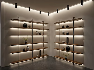 Modern Wooden Display Shelves With LED Lighting And Decorative Vases In Interior 3d model