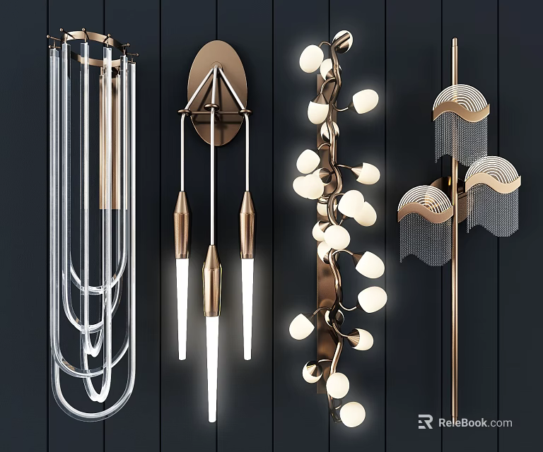 Modern Wall Sconces With Metal Frames Multiple Bulbs And Decorative Details 3d model 