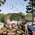 Natural Wooden Pergola Structure In Outdoor Park With Children Playing And Trees