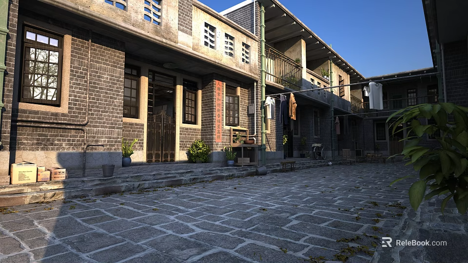 Traditional Chinese Garden Landscape With Stone Path Courtyard And Ancient Buildings 3d model 
