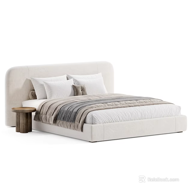 Beige Double Bed With Upholstered Headboard White Pillows Striped Blanket And Wooden Side Table 3d model 