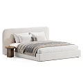 Beige Double Bed With Upholstered Headboard White Pillows Striped Blanket And Wooden Side Table