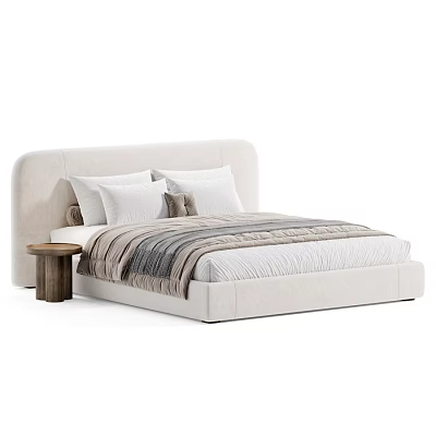 Beige Double Bed With Upholstered Headboard White Pillows Striped Blanket And Wooden Side Table 3d model