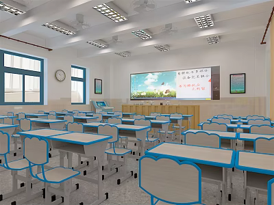 School Classroom With Blue Desks Chairs Whiteboard Windows And Ceiling Lights 3d model